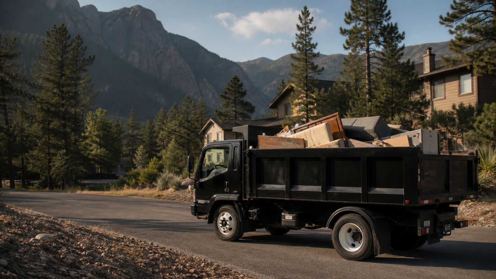 Loaded junk removal truck in a mountain neighborhood
